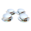 Vintage Japanese Lithophane Geisha Kutani Porcelain Tea Cups and Saucers Bone China Japan, four sets