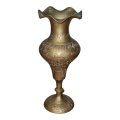 VINTAGE INDIAN BRASS VASE WITH RUFFLED RIM AND INTRICATE DESIGN 6` TALL DECOR