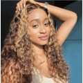 Ear to ear lace frontal 13x4 Peruvian Hair Wig water curly blonde highlights 14inch . 12A