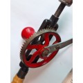 Vintage Hand Crank Drill, Red Metal Gear, Wood Handle, Beautiful Collectable Piece.