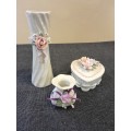 Vintage dresser marble ceramic ornaments flower vase and jewellery box set