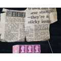 A RARE SET OF VINTAGE STAMPS WITH OLD NEWSPAPER CLIPPING SOLD AS IS