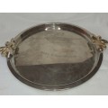 A VINTAGE STAINLESS STEEL WITH GOLD TONE HANDLES SERVING TRAY SOLD AS IS