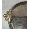 A VINTAGE STAINLESS STEEL WITH GOLD TONE HANDLES SERVING TRAY SOLD AS IS