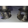 2 X VINTAGE SILVER PLATED CANDLE STANDS WITH MONKEY FIGURINES SOLD AS IS