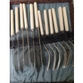 A VINTAGE FISH KNIFE AND FORK SET WITH BONE TYPE HANDES  EPNS AI STILL IN ITS ORIGINAL PADDED BOX S