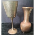 A VINTAGE BRASS WINE INGOT AND A BRASS VASE SOLD AS IS