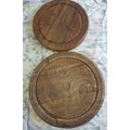 TWO HAND CARVED AFRICAN WOOD COLAPSABLE SERVING BASKET TRAYS IN PERFACT CONDITION SOLD AS IS