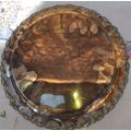 A VINTAGE SILVER PLATE VICTORIAN STYLE SERVING TRAY DIAMETER APPROXIMATELY 32CMS SOLD AS IS