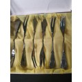 A SET OF 12 ANTIQUE DESERT FORKS IN ITS ORIGINAL BOX SOLD AS IS