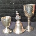 A JOB LOT EPNS BELL AND TWO MINITURE SHERRY INGOTS SOLD AS IS