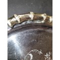A NEAT VINTAGE STAINLESS STEEL AND BRASS HANDLED SERVING TRAY SOLD AS IS