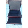 A VINTAGE WOODEN JEWELRY BOX SOLD AS IS