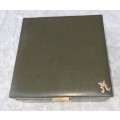 A VINTAGE GREEN LEATHER WITH A GOLD PLATED LETTER M JEWELRY BOX SOLD AS IS