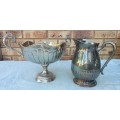 TWO VINTAGE JOBLOT SILVER PLATED ROMAN STYLE SERVING BOWL AND A WATER JUG SOLD AS IS