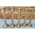 FIVE IDENTICAL ART DECOR SILVER PLATED WITH GLASS AND WIRE WORK CANDLE STANDS