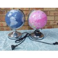 A PAIR OF WORLD GLOBE LAMPS NEEDS NEW GLOBES SOLD AS IS
