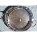 A VINTAGE SERANCO SILVER PLATED ON BRASS 50 CM DIAMETER SERVING TRAY SOLD AS IS