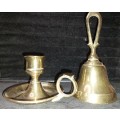 A SOLID HEAVY BRASS CANDLE STAND AND SOLID BRASS BELL