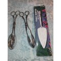 TWO VINTAGE TONGS AND CAKE CUTTER IN GOOD CONDITION SOLD AS IS