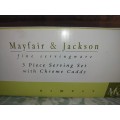 A MAYFAIR & JACKSON FINE SERVING WARE 3 PIECE SERVING SET WITH CHROME CADDY
