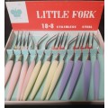 A VINTAGE SET OF 12 MULTI-COLOURED LITTLE FORK 18-8 STAINLESS STEEL