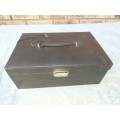 A LARGE BLACK LEATHER BOUND JEWELRY BOX SOLD AS IS