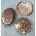 A COLLECTION OF ANTIQUE SILVER PLATED TURINES AND A SERVING TRAY