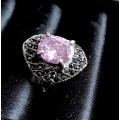 Adorable Cr. Pink Topaz Surrounded by Garnets in Imported  Pewter Ring