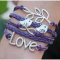Antique Silver Purple Leather Rope Bead Love Infinite Charm Bracelet
