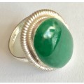 China Jade Oval Shape Dark Green Gemstone Set in 925 Sterling Silver Imported Filled Ring