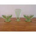 Small art deco green glass bowls and vase