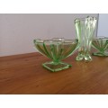 Small art deco green glass bowls and vase