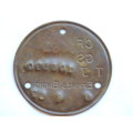 Vintage metal License Disk TJ 106890  1957  Like number Plate    D50