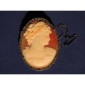 Vintage Silver 800 Shell Cameo Brooch with marcasite and safety chain.