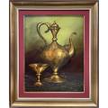 Still Life Brass Goblet and Jug, Oil, Signed, by Denzil N. Herring