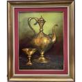 Still Life Brass Goblet and Jug, Oil, Signed, by Denzil N. Herring