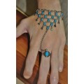 Retro Boho Silver Tone and Turquoise Enamel Adjustable Ring Hand Harness Bracelet Combo