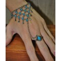 Retro Boho Silver Tone and Turquoise Enamel Adjustable Ring Hand Harness Bracelet Combo