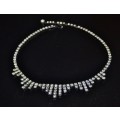 Vintage 1950s Glamour Pave Set RhinesTone Silver Tone Bib Necklace with Chandelier Clip-on Earrings