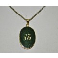 Vintage Engraved Chinese Character Nephrite Green Jade Pendant in Gold Plated Frame