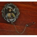 Antique Victorian Hand Painted Portrait Brooch Pendant in Sterling Silver Frame with security chain