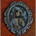 Antique Victorian Hand Painted Portrait Brooch Pendant in Sterling Silver Frame with security chain