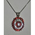 Vintage Silver Tone Ruby and Clear Rhinestone Oval Pendant Necklace
