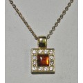 Vintage Gold Tone Square Pendant Necklace with Amber and Clear Crystal Stones