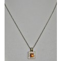 Vintage Gold Tone Square Pendant Necklace with Amber and Clear Crystal Stones