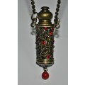 Vintage Perfume Bottle Necklace Brass Tone and Filigree rhinesTone Pendant