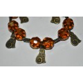 Vintage Faceted Amber Crystal Beads and Brass Cat Charms Stretch Bracelet