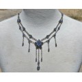 Vintage Silver Tone and Blue Crystal Festoon Necklace