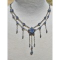 Vintage Silver Tone and Blue Crystal Festoon Necklace